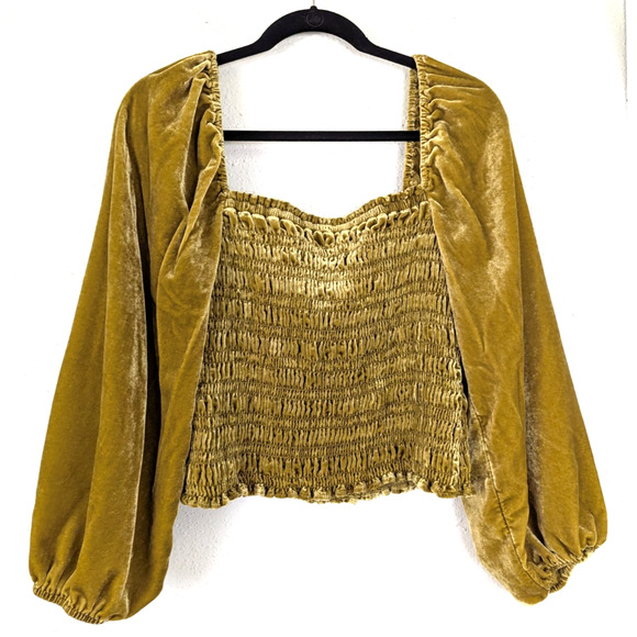 Anthropology Tops - by Anthropologie sz L Velvet Puff Sleeve Smocked Blouse gold yellow top 3908